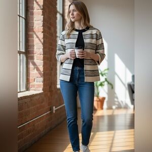 UTERQUE WHITE & BLUE STRIP COTTON LINEN WIDE SLEEVE OPEN FRONT BLAZER JACKET M